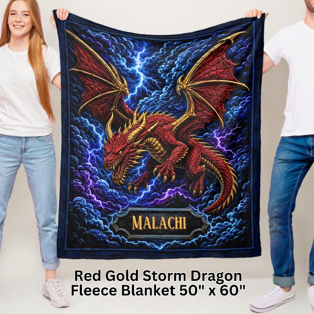 Add Name Red & Gold Storm Dragon with Lightning Fleece Blanket (Creator Uploaded)