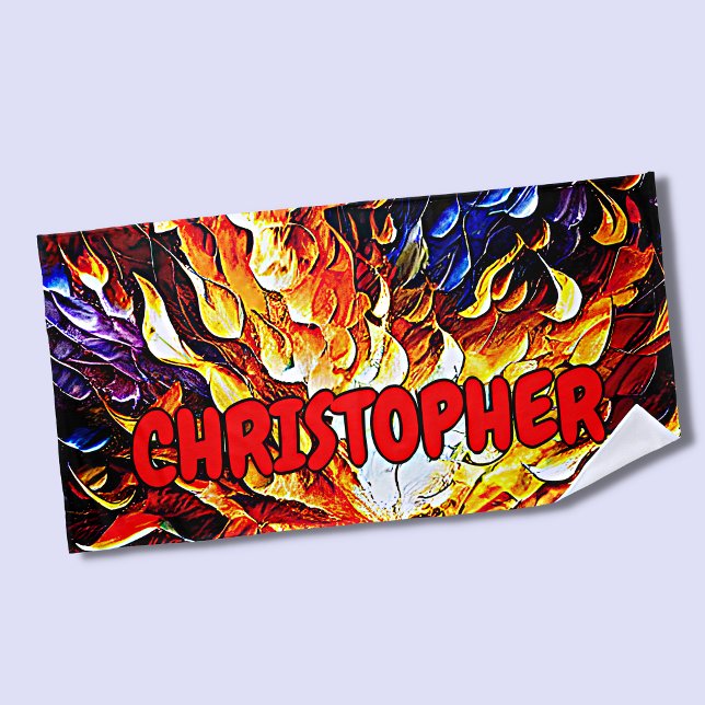 Add Name, Red Orange Blue Fire Flames Beach Towel (Creator Uploaded)