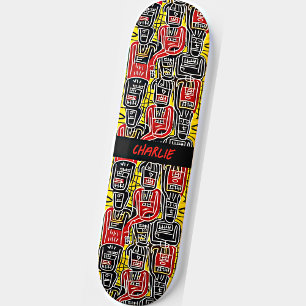 Add Name, Red Yellow Black Abstract Figures Skateboard