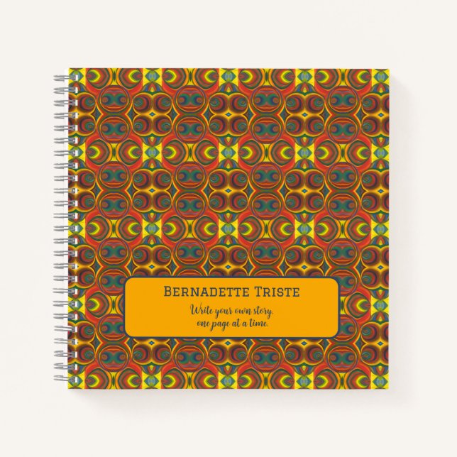 Add Name Red Yellow Orange Owl Inspired Pattern Notebook (Front)