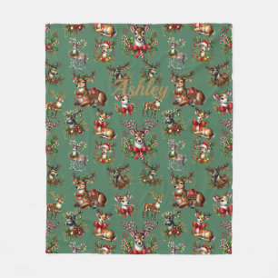 Add Name, Reindeer Christmas on Rich Green Fleece Blanket