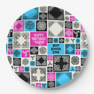 Add Name & Relationship Birthday Magenta & Blue Paper Plate