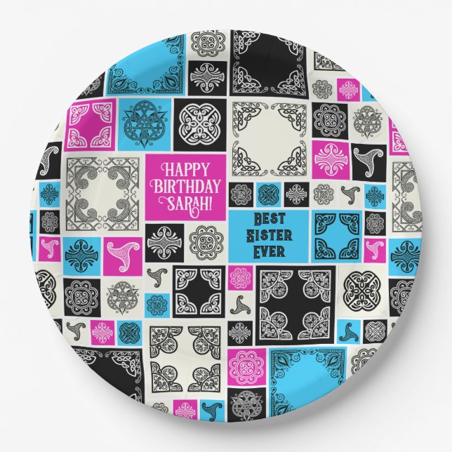 Add Name & Relationship Birthday Magenta & Blue Paper Plate (Front)