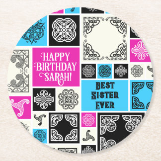 Add Name & Relationship Birthday Magenta & Blue Round Paper Coaster