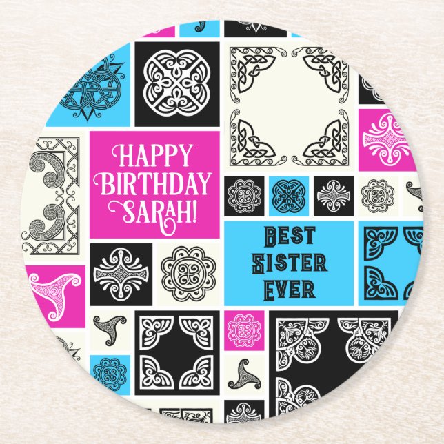 Add Name & Relationship Birthday Magenta & Blue Round Paper Coaster (Front)