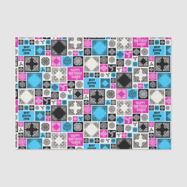 Add Name & Relationship Birthday Magenta & Blue Tissue Paper (Front)