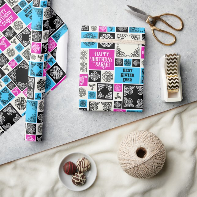 Add Name & Relationship Birthday Magenta & Blue Wrapping Paper (Crafts)