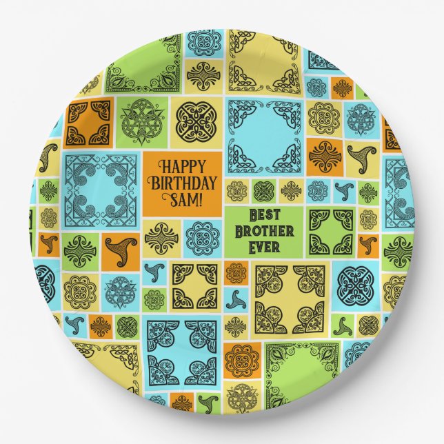Add Name & Relationship Birthday Orange & Green Paper Plate (Front)