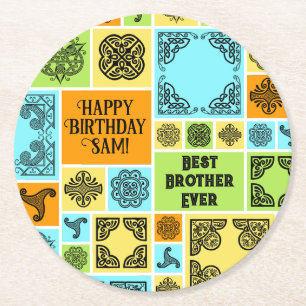 Add Name & Relationship Birthday Orange & Green Round Paper Coaster