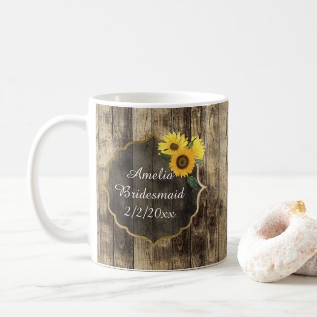add name Rustic Wedding Bridesmaid sunflower Coffee Mug (With Donut)