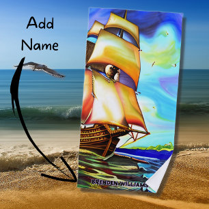 Add Name, Sailing Ship  Beach Towel