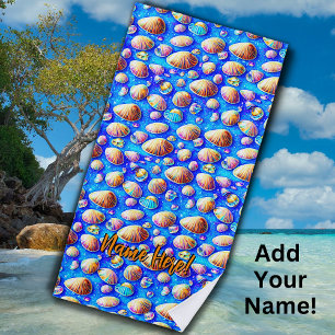 Add Name, Seashells on Blue  Beach Towel