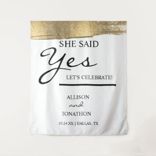 Add Name She Said Yes Gold Glitter Engagement Tap Tapestry