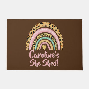 Add Name She Shed Leopard Print Pink Rainbow Heart Doormat
