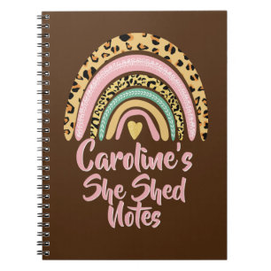 Add Name She Shed Leopard Print Pink Rainbow Heart Notebook