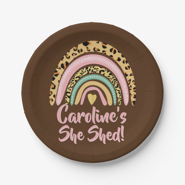 Add Name She Shed Leopard Print Pink Rainbow Heart Paper Plate (Front)