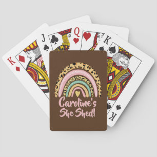 Add Name She Shed Leopard Print Pink Rainbow Heart Playing Cards