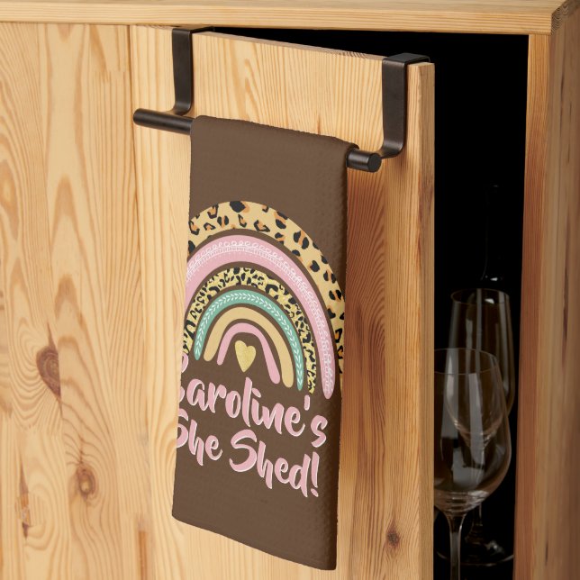 Add Name She Shed Leopard Print Pink Rainbow Heart Tea Towel (Thirds Fold)