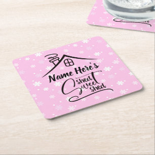 Add Name Shed Sweet Shed Pink White Floral Square Paper Coaster
