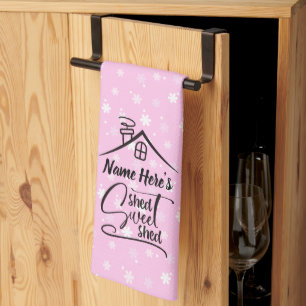 Add Name Shed Sweet Shed Pink White Floral Tea Towel