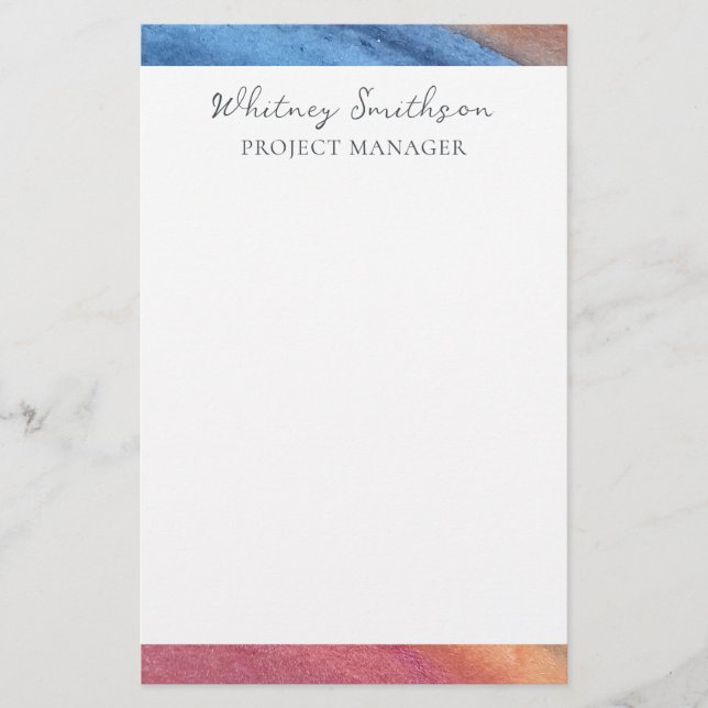   Add Name Simple Abstract Brown & Blue Watercolor Stationery (Front)
