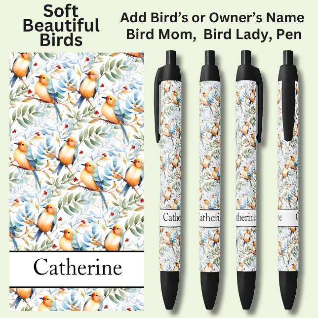 Add Name, Soft Colourful Birds Black Ink Pen (Creator Uploaded)