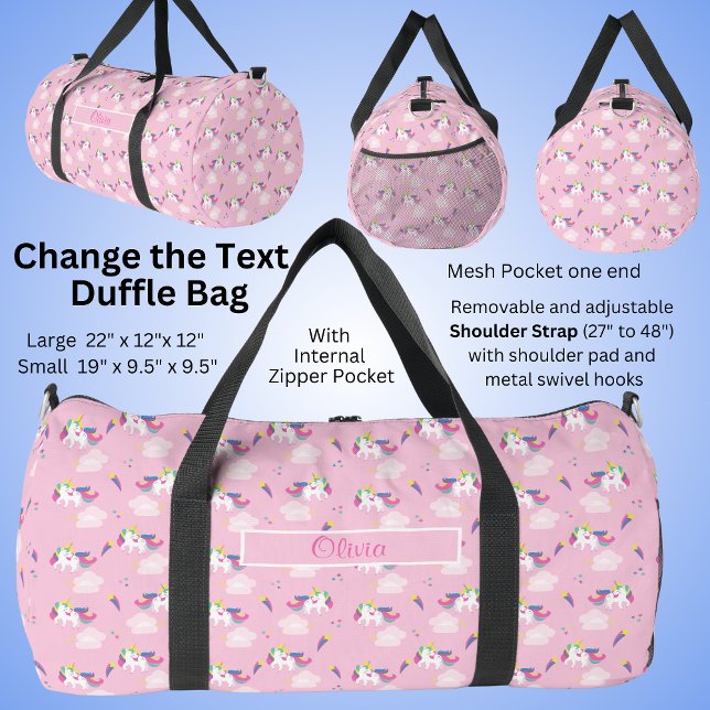 Add Name, Soft Pretty Pink Unicorn  Duffle Bag (Creator Uploaded)