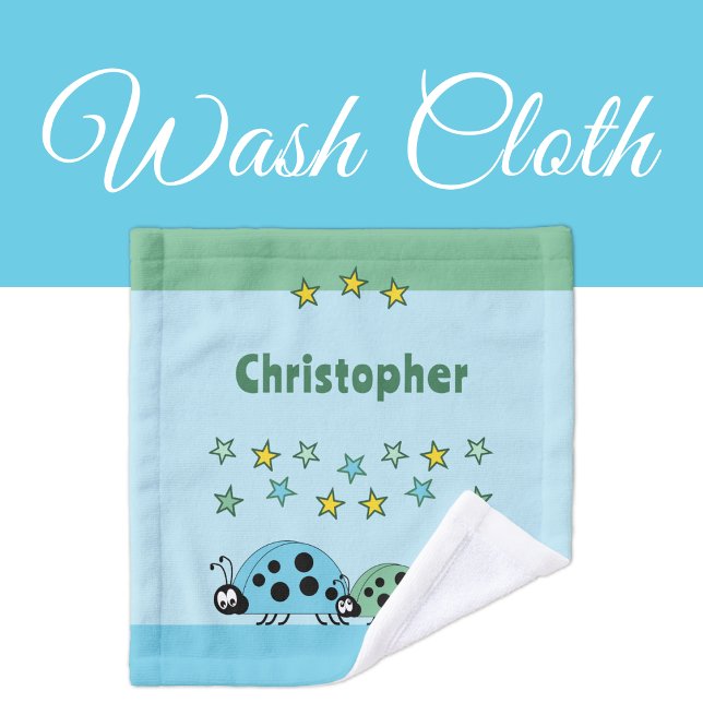 Add name stars ladybugs green blue kids wash cloth (Creator Uploaded)