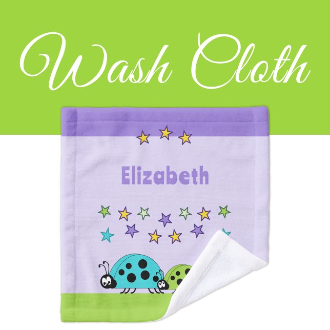 Add name stars ladybugs purple green kids wash cloth (Creator Uploaded)