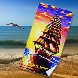 Add Name, Stylised Abstract Pirate Sailing Ship  Beach Towel