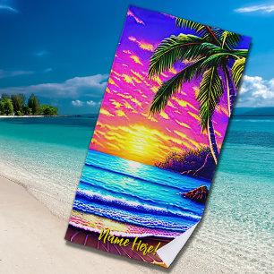 Add Name, Stylised Beach Sunset with Palm Tree     Beach Towel