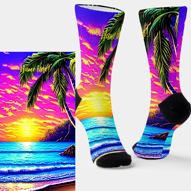 Add Name, Stylised Beach Sunset with Palm Tree  Socks (Creator Uploaded)