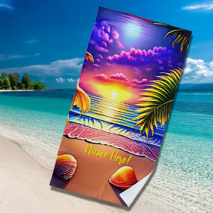 Add Name, Stylised Beach Sunset with Shells Beach Towel