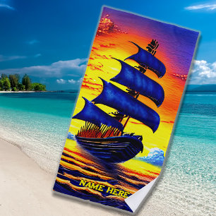 Add Name, Stylised Blue Pirate Sailing Ship Sunset Beach Towel