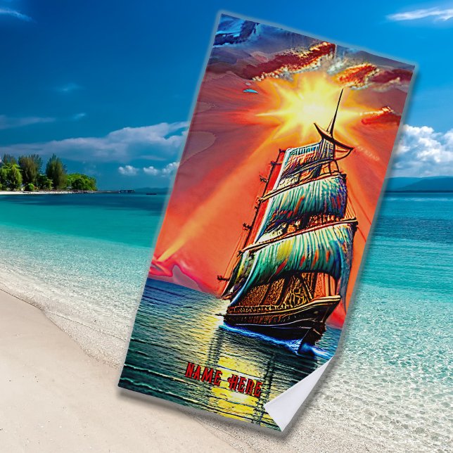 Add Name, Stylised Blue Sales Pirate Sailing Ship Beach Towel (Creator Uploaded)