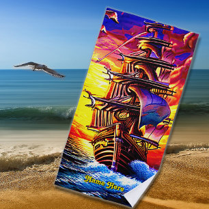 Add Name, Stylised Brown Pirate Sailing Ship Beach Towel