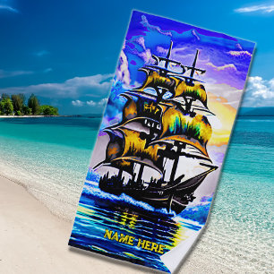 Add Name, Stylised Brown Pirate Sailing Ship Blue  Beach Towel