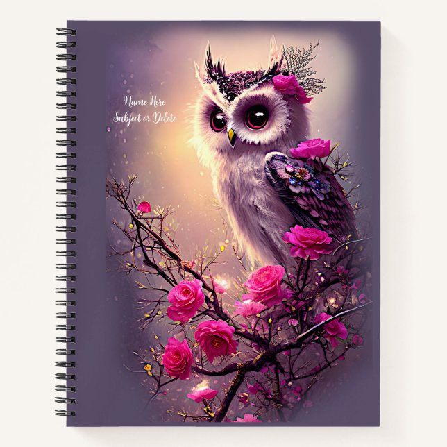 Add Name Subject, Purple Owl & Pink Flowers Notebook (Front)