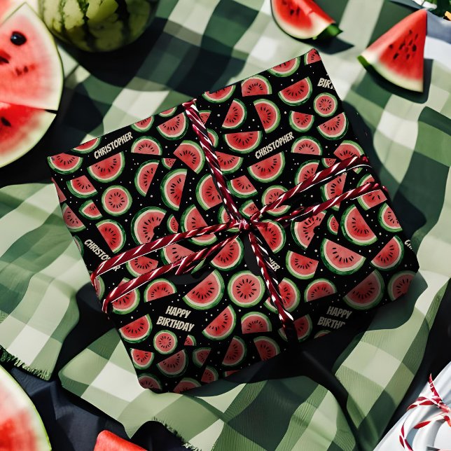 Add Name Summer Birthday Fun Watermelon On Black Wrapping Paper (Personalized wrapping paper with Summer watermelon pattern on black)
