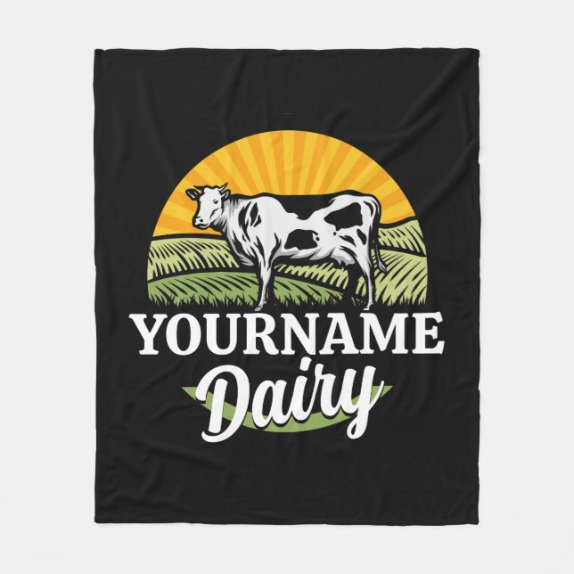 ADD NAME Sunset Dairy Farm Grazing Holstein Cow Fleece Blanket (Front)