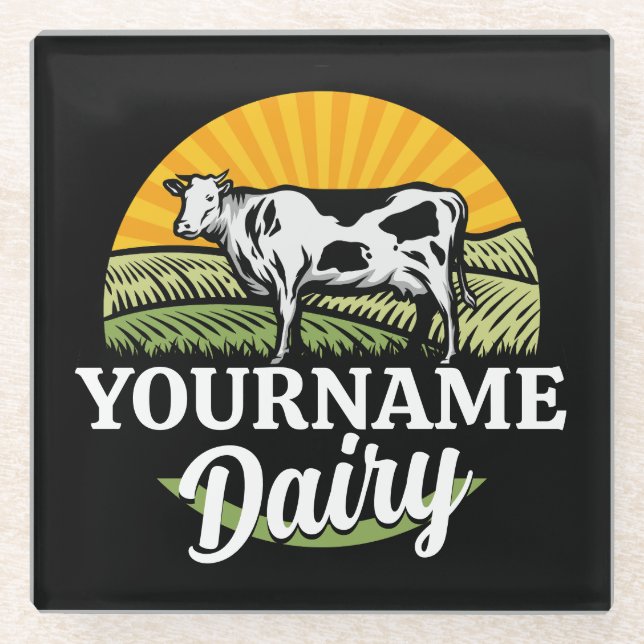 ADD NAME Sunset Dairy Farm Grazing Holstein Cow Glass Coaster (Front)