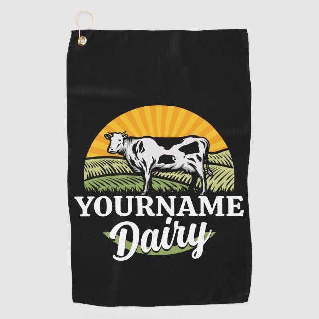 ADD NAME Sunset Dairy Farm Grazing Holstein Cow Golf Towel (Front)