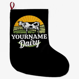 ADD NAME Sunset Dairy Farm Grazing Holstein Cow Large Christmas Stocking