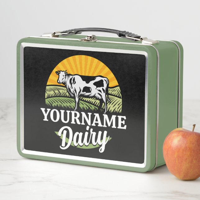 ADD NAME Sunset Dairy Farm Grazing Holstein Cow Metal Lunch Box (In Situ)