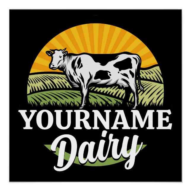 ADD NAME Sunset Dairy Farm Grazing Holstein Cow Poster (Front)