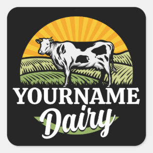 ADD NAME Sunset Dairy Farm Grazing Holstein Cow Square Sticker