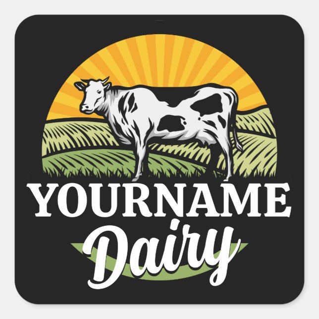 ADD NAME Sunset Dairy Farm Grazing Holstein Cow Square Sticker (Front)
