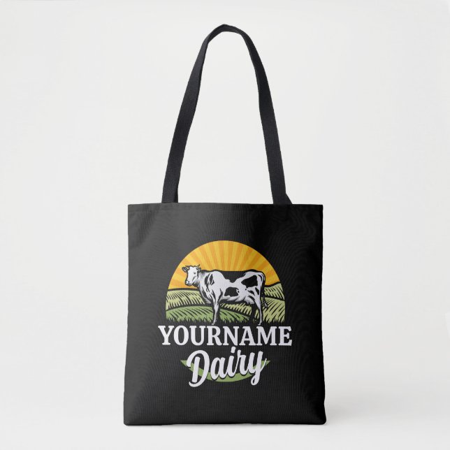 ADD NAME Sunset Dairy Farm Grazing Holstein Cow Tote Bag (Front)