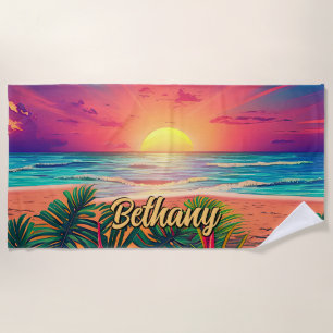 Add Name, Sunset over Sea Sand Palm Trees  Beach Towel
