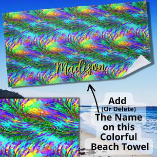 Add Name, Swirling Seaweed Green Yellow Aqua   Beach Towel